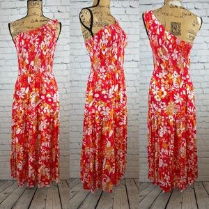 One Shoulder Orange Floral Multi Tier Elastic Bodice Dress